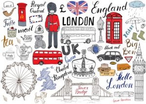 London city doodles elements collection. Hand drawn set with, tower bridge, crown, big ben, royal guard, red bus and black cab, UK map and flag, tea pot, lettering, vector illustration isolated.